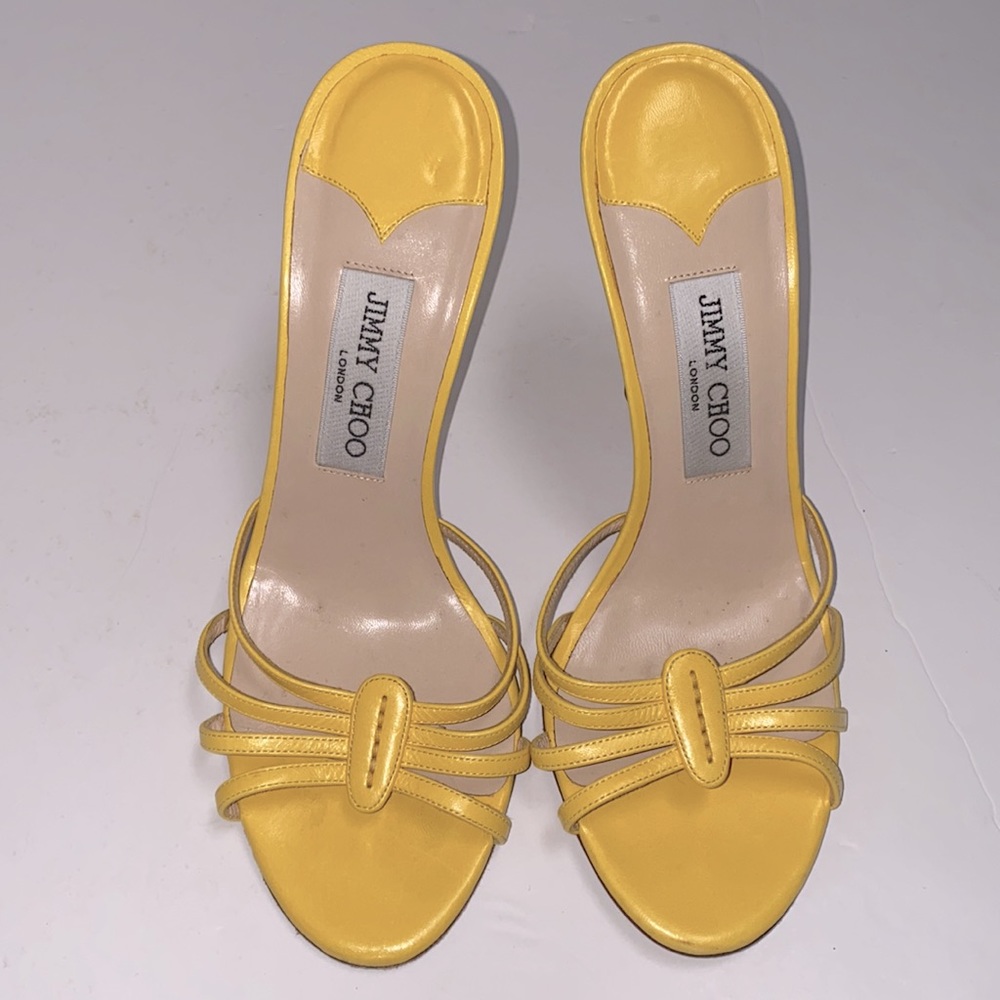 Jimmy Choo 💛 Strappy Kitten Sandal Heels in Yellow Size 7.5 Open Toe Mule Heel